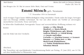 Traueranzeige von Emmi Mönch von Darmstädter Echo, Odenwälder Echo, Rüsselsheimer Echo, Groß-Gerauer-Echo, Ried Echo