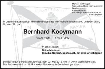 Traueranzeige von Bernhard Kooymann von Echo-Zeitungen (Gesamtausgabe)