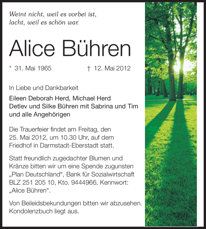  Traueranzeige für Alice Bühren vom 23.05.2012 aus Echo-Zeitungen (Gesamtausgabe)
