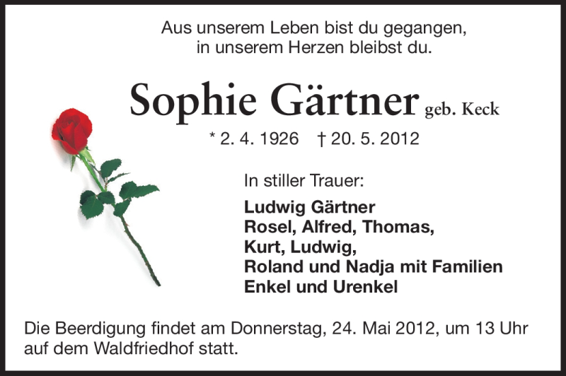  Traueranzeige für Sophie Gärtner vom 23.05.2012 aus Darmstädter Echo, Odenwälder Echo, Rüsselsheimer Echo, Groß-Gerauer-Echo, Ried Echo