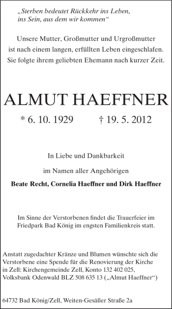 Traueranzeige von Almut Haeffner von Odenwälder Echo