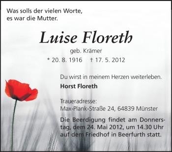 Traueranzeige von Luise Floreth von Odenwälder Echo