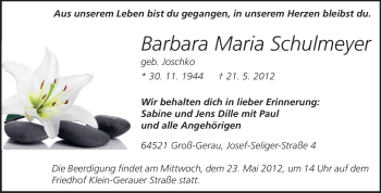 Traueranzeige von Barbara Maria Schulmeyer von Rüsselsheimer Echo, Groß-Gerauer-Echo, Ried Echo
