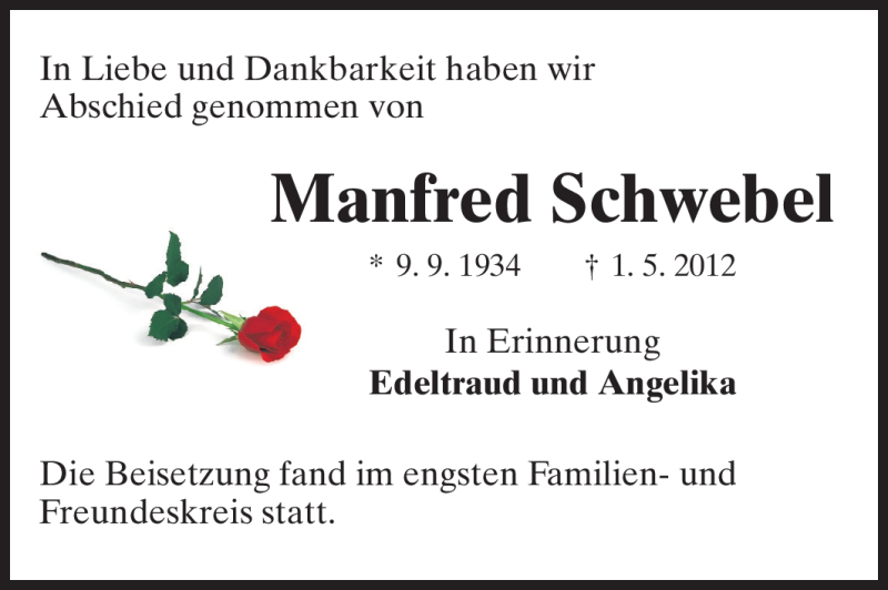  Traueranzeige für Manfred Schwebel vom 26.05.2012 aus Echo-Zeitungen (Gesamtausgabe)