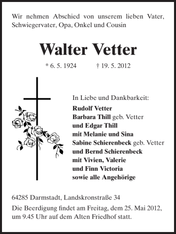 Traueranzeige von Walter Vetter von Echo-Zeitungen (Gesamtausgabe)