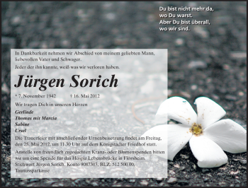 Traueranzeige von Jürgen Sorich von Rüsselsheimer Echo, Groß-Gerauer-Echo, Ried Echo