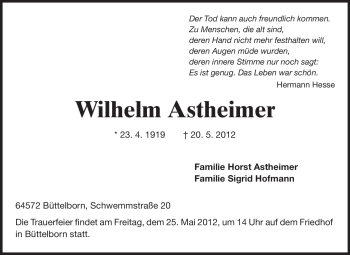 Traueranzeige von Wilhelm Astheimer von Rüsselsheimer Echo, Groß-Gerauer-Echo, Ried Echo