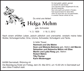 Traueranzeige von Helga Mehm von Darmstädter Echo, Odenwälder Echo, Rüsselsheimer Echo, Groß-Gerauer-Echo, Ried Echo