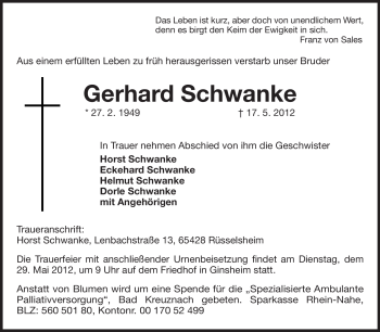 Traueranzeige von Gerhard Schwanke von Rüsselsheimer Echo, Groß-Gerauer-Echo, Ried Echo