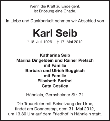 Traueranzeige von Karl Seib von Echo-Zeitungen (Gesamtausgabe)