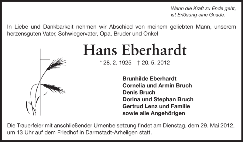  Traueranzeige für Hans Eberhardt vom 26.05.2012 aus Echo-Zeitungen (Gesamtausgabe)