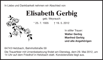Traueranzeige von Elisabeth Gerbig von Odenwälder Echo