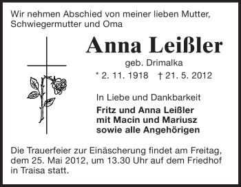 Traueranzeige von Anna Leißler von Echo-Zeitungen (Gesamtausgabe)