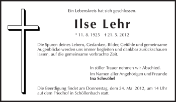 Traueranzeige von Ilse Lehr von Odenwälder Echo
