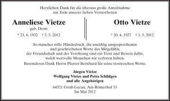 Traueranzeige von Anneliese und Otto Vietze von Rüsselsheimer Echo, Groß-Gerauer-Echo, Ried Echo