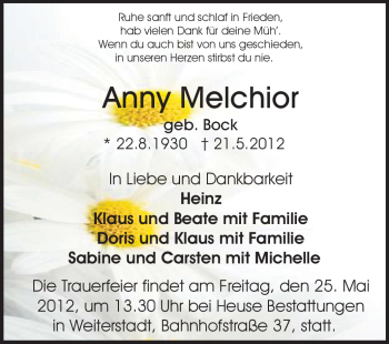 Traueranzeige von Anny Melchior von Echo-Zeitungen (Gesamtausgabe)