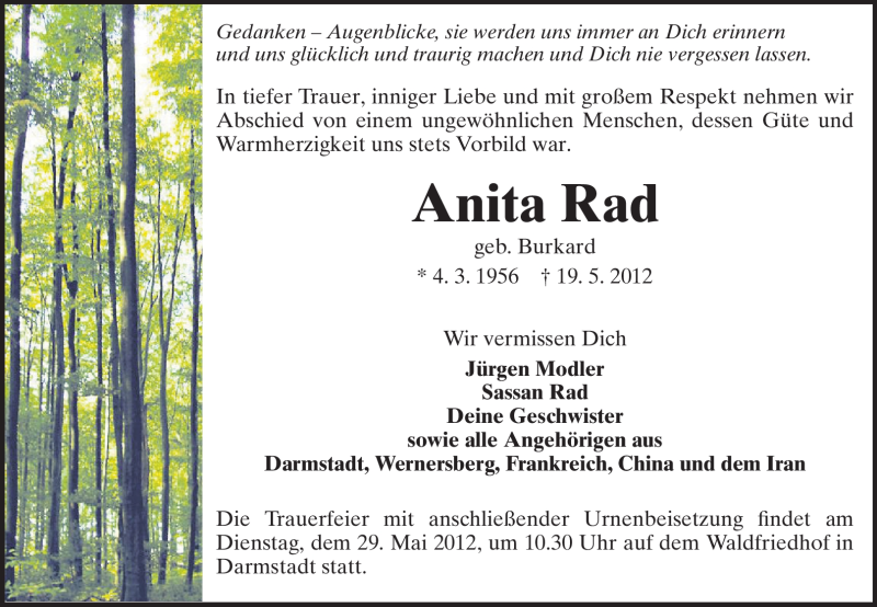  Traueranzeige für Anita Rad vom 26.05.2012 aus Echo-Zeitungen (Gesamtausgabe)