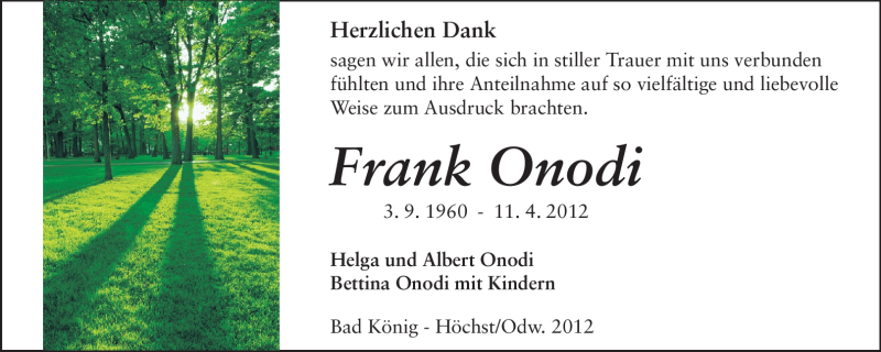  Traueranzeige für Frank Onodi vom 02.06.2012 aus Odenwälder Echo