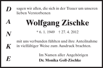 Traueranzeige von Wolfgang Zischke von Echo-Zeitungen (Gesamtausgabe)