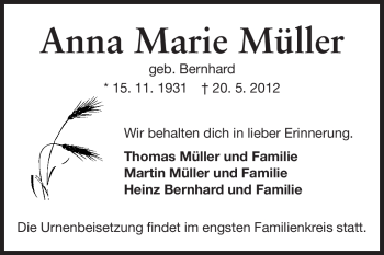 Traueranzeige von Anna Marie Müller von Odenwälder Echo