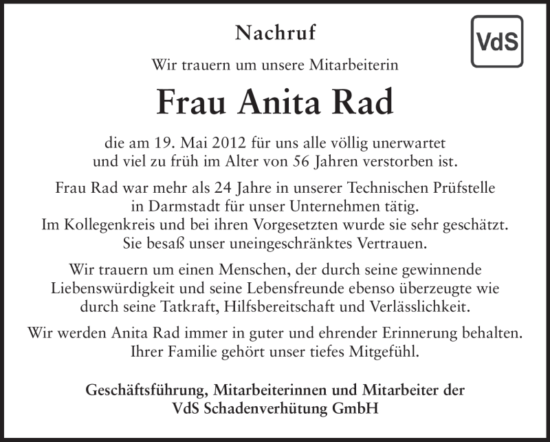  Traueranzeige für Anita Rad vom 24.05.2012 aus Echo-Zeitungen (Gesamtausgabe)