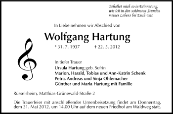 Traueranzeige von Wolfgang Hartung von Rüsselsheimer Echo, Groß-Gerauer-Echo, Ried Echo