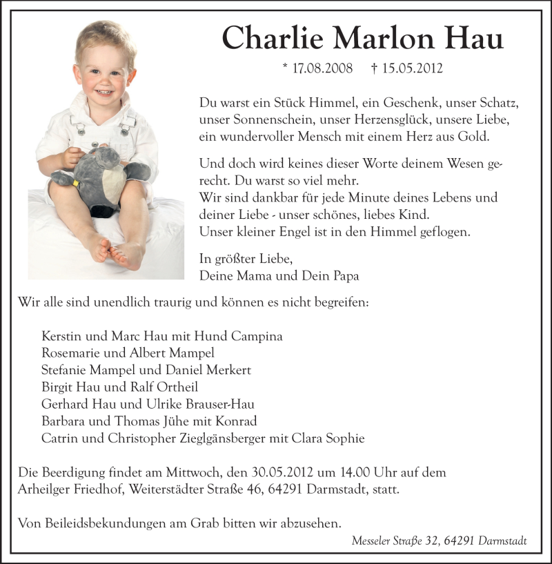  Traueranzeige für Charlie Marlon Hau vom 25.05.2012 aus Echo-Zeitungen (Gesamtausgabe)