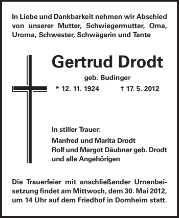 Traueranzeige von Gertrud Drodt von Rüsselsheimer Echo, Groß-Gerauer-Echo, Ried Echo