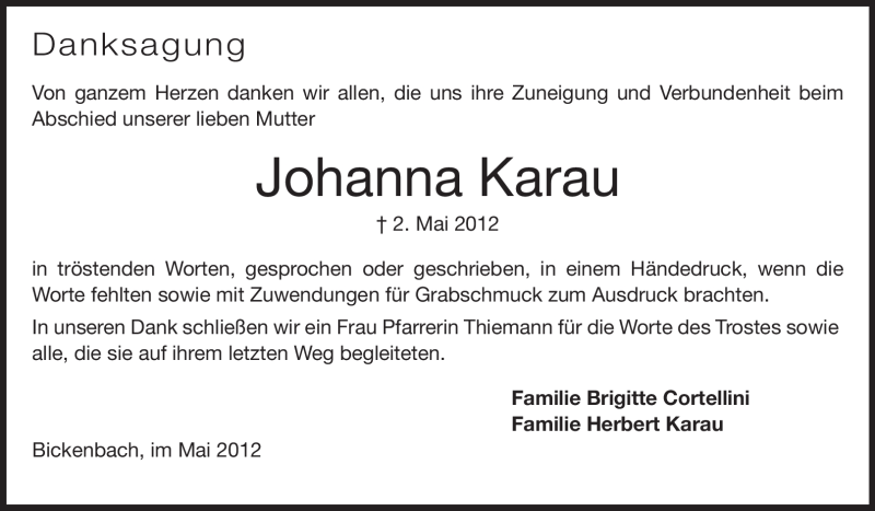  Traueranzeige für Johanna Karau vom 26.05.2012 aus Echo-Zeitungen (Gesamtausgabe)
