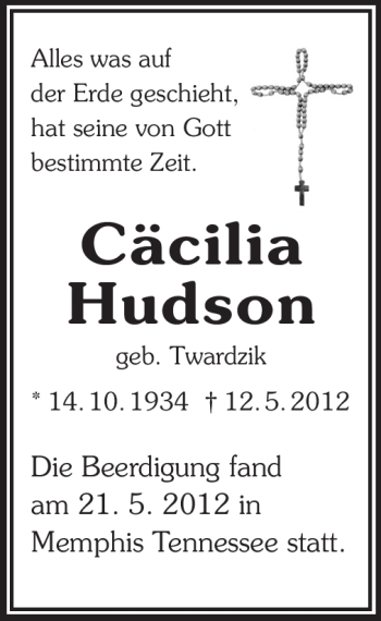 Traueranzeige von Cäcilia Hudson von Echo-Zeitungen (Gesamtausgabe)