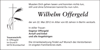 Traueranzeige von Wilhelm Offergeld von Odenwälder Echo