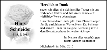 Traueranzeige von Hans Schneider von Odenwälder Echo