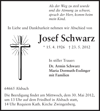 Traueranzeige von Josef Schwarz von Echo-Zeitungen (Gesamtausgabe)