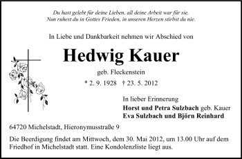Traueranzeige von Hedwig Kauer von Odenwälder Echo