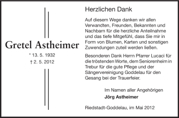 Traueranzeige von Gretel Astheimer von Rüsselsheimer Echo, Groß-Gerauer-Echo, Ried Echo