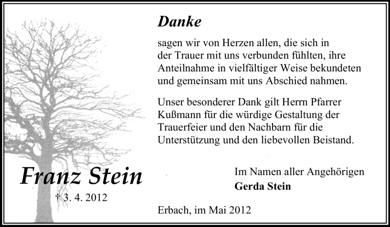  Traueranzeige für Franz Stein vom 26.05.2012 aus Odenwälder Echo
