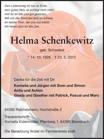Traueranzeige von Helma Schenkewitz von Echo-Zeitungen (Gesamtausgabe)