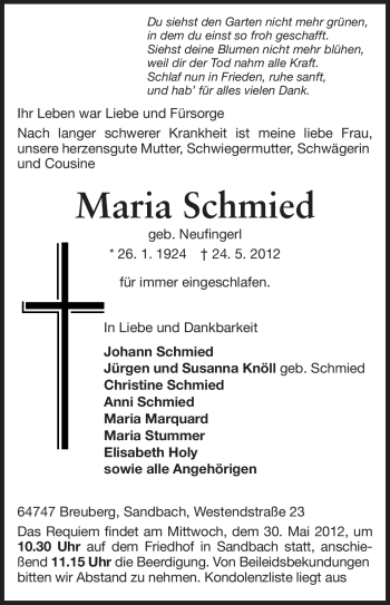 Traueranzeige von Maria Schied von Odenwälder Echo