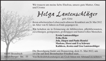 Traueranzeige von Helga Lautenschläger von Echo-Zeitungen (Gesamtausgabe)
