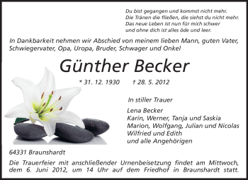 Traueranzeige von Günther Becker von Echo-Zeitungen (Gesamtausgabe)