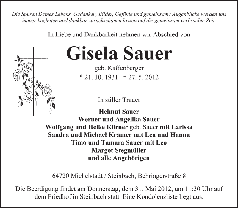  Traueranzeige für Gisela Sauer vom 29.05.2012 aus Odenwälder Echo