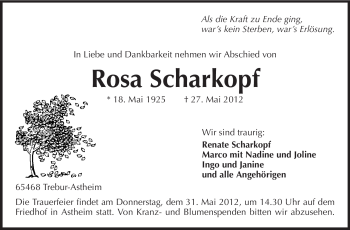 Traueranzeige von Rosa Scharkopf von Rüsselsheimer Echo, Groß-Gerauer-Echo, Ried Echo