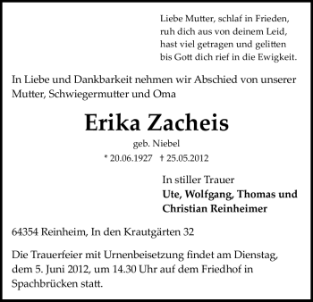 Traueranzeige von Erika Zacheis von Darmstädter Echo, Odenwälder Echo, Rüsselsheimer Echo, Groß-Gerauer-Echo, Ried Echo