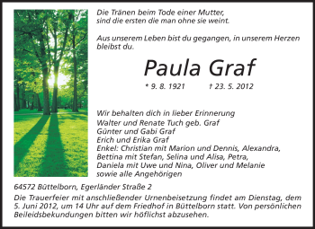 Traueranzeige von Paula Graf von Rüsselsheimer Echo, Groß-Gerauer-Echo, Ried Echo