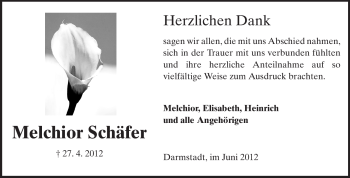 Traueranzeige von Melchior Schäfer von Echo-Zeitungen (Gesamtausgabe)