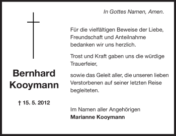 Traueranzeige von Bernhard Kooymann von Rüsselsheimer Echo, Groß-Gerauer-Echo, Ried Echo