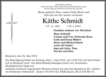 Traueranzeige von Käthe Schmidt von Starkenburger Echo