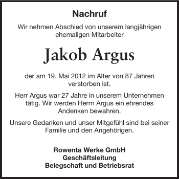 Traueranzeige von Jakob Argus von Odenwälder Echo