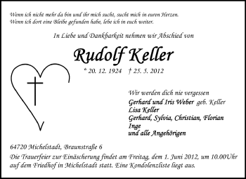 Traueranzeige von Rudolf Keller von Odenwälder Echo