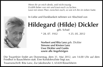 Traueranzeige von Hildegard Dickler von Rüsselsheimer Echo, Groß-Gerauer-Echo, Ried Echo